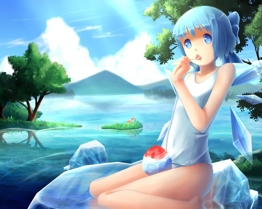 alternate_costume blue_eyes blue_hair bow cirno cloud clouds eating food grass haikara_udon hair_bow ice ice_wings mountain one-piece_swimsuit open_mouth school_swimsuit shaved_ice sitting sky solo swimsuit touhou tree white_school_swimsuit wings