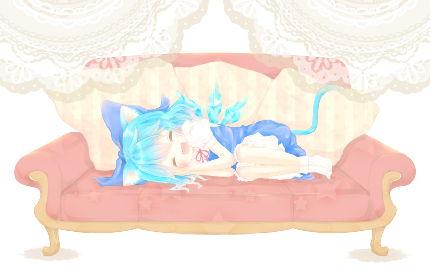animal_ears ann_nachi blue_hair blush catgirl cirno short_hair sleeping tail touhou
