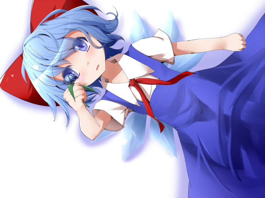blue_eyes blue_hair blush bow cirno dutch_angle flower hair_bow hair_ornament highres hiro_(pqtks113) holding ice ice_wings looking_at_viewer open_mouth short_hair short_sleeves solo touhou wings