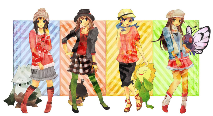 alternate_costume artist_request bad_id beanie blue_(pokemon) butterfree checkered coat crystal_(pokemon) haruka_(pokemon) hat hikari_(pokemon) looking_down multiple_girls pantyhose pokemon pokemon_(creature) pokemon_(game) pokemon_dppt pokemon_frlg pokemon_gsc pokemon_rse ribbon scarf seasons seedot skirt snover standing sunflora thighhighs winter_clothes