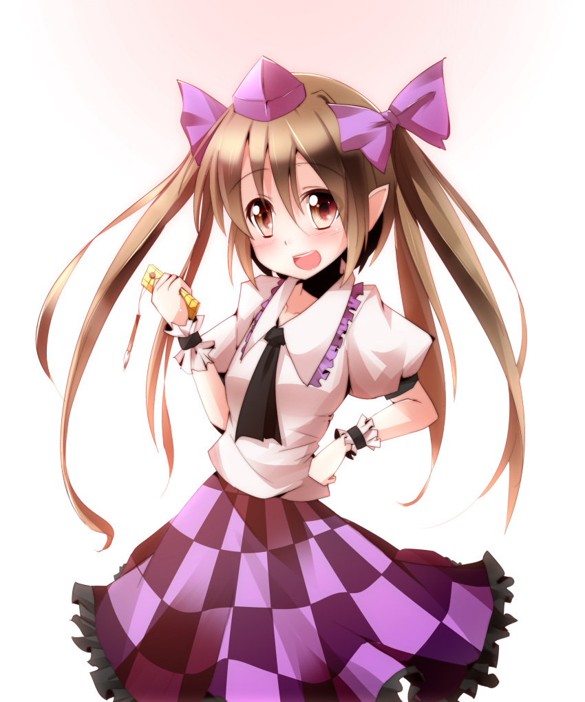 1girl ascot blush brown_eyes brown_hair cellphone checkered checkered_skirt gradient gradient_background hair_ribbon hand_on_hip hat highres himekaidou_hatate hiro_(pqtks113) holding long_hair looking_at_viewer open_mouth phone pointy_ears ribbon shirt short_sleeves skirt smile solo tokin_hat touhou twintails wrist_cuffs