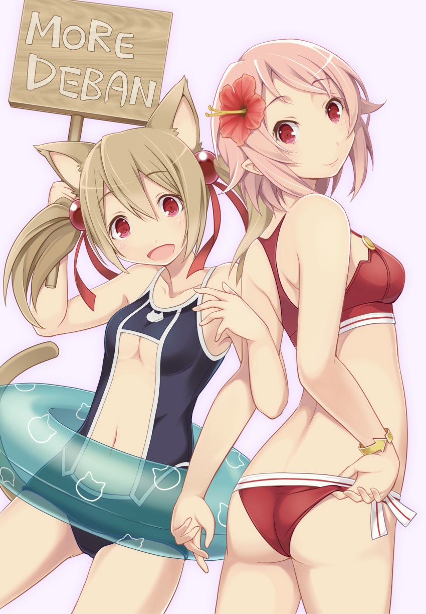 :d animal_ears ass blush bracelet breasts brown_hair cat_ears flower freckles furumiya_haiji hair_flower hair_ornament hair_ribbon highres holding innertube jewelry lisbeth looking_at_viewer more_deban multiple_girls one-piece_swimsuit open_mouth pink_hair pointy_ears red_eyes ribbon short_hair short_twintails sign silica silica_(sao-alo) simple_background smile swimsuit sword_art_online twintails white_background