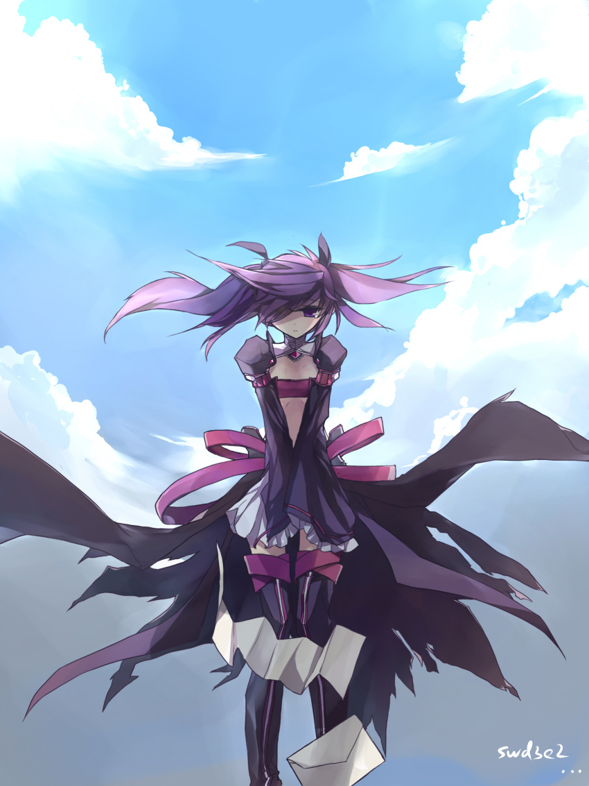 aisha_(elsword) artist_name bandeau boots dress elsword expressionless hair_over_one_eye highres letter purple_dress purple_eyes purple_hair purple_legwear short_hair sky solo swd3e2 thigh-highs thigh_boots thighhighs twintails v_arms violet_eyes