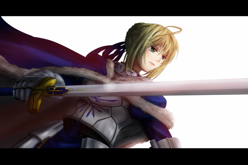 ahoge armor armored_dress blonde_hair cape chien_zero excalibur fate/stay_night fate_(series) gauntlets greaves green_eyes hair_ribbon letterboxed ribbon saber solo sword weapon