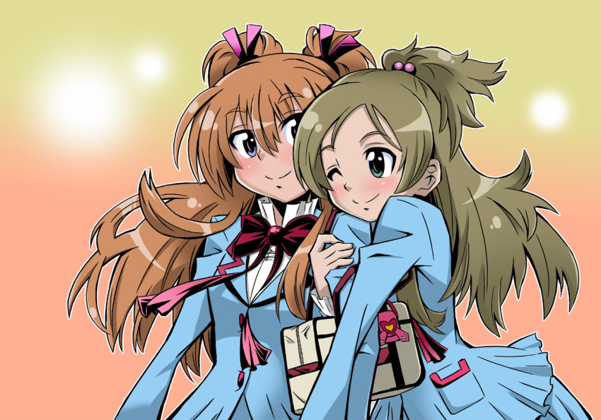 bag blue_eyes brown_hair frost_(ocean8117) gradient gradient_background green_eyes hair_bobbles hair_ornament half_updo houjou_hibiki long_hair minamino_kanade multiple_girls orange_background precure school_uniform smile suite_precure wink yellow_background