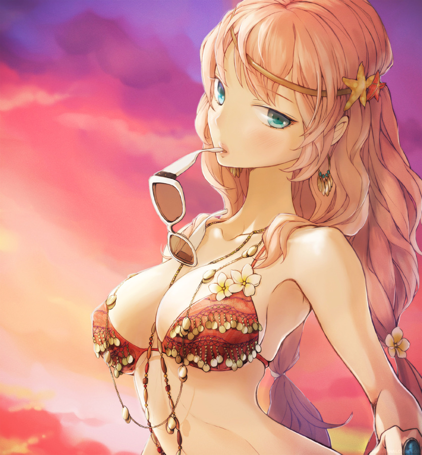 anko_anko aqua_eyes armpits bikini breasts bust collarbone earrings flower hair_flower hair_ornament headband highres hoop_earrings jewelry long_hair looking_at_viewer megurine_luka mouth_hold necklace pink_hair ring solo starfish sunglasses sunset swimsuit twintails vocaloid