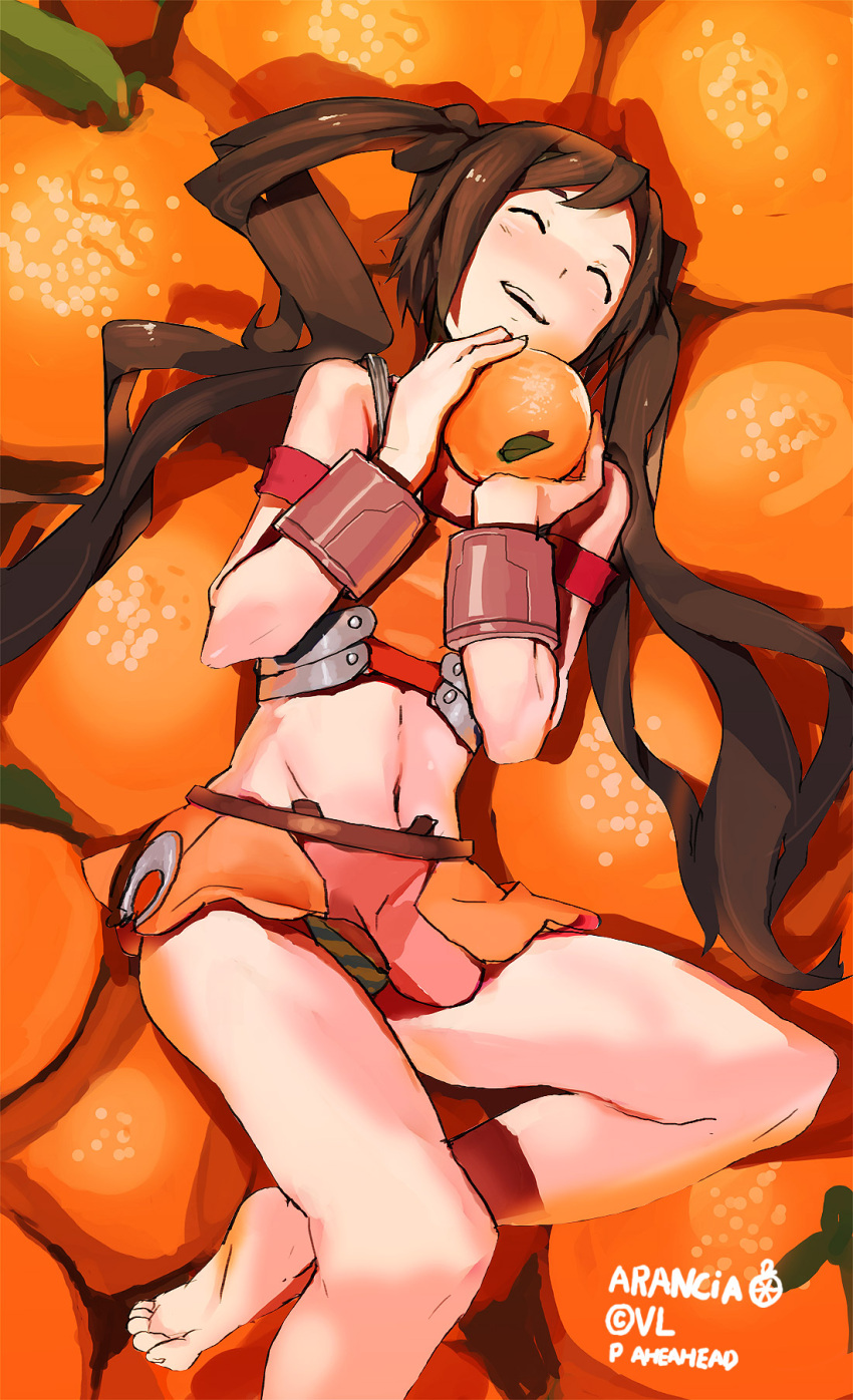 aheahead arancia barefoot blush bracelet breastplate brown_hair closed_eyes eyes_closed food fruit highres holding jewelry long_hair lying microskirt midriff on_back orange orange_(color) orange_(fruit) original panties pantyshot_(lying) shadow smile solo striped striped_panties twintails underwear