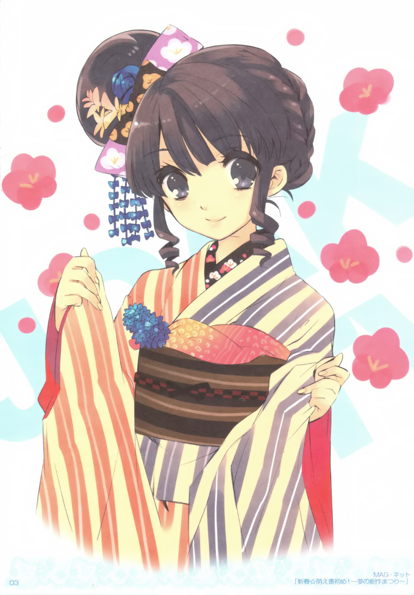 black_eyes brown_hair drill_hair flower hair_flower hair_ornament highres itou_noiji japanese_clothes kimono looking_at_viewer original scan smile solo twin_drills