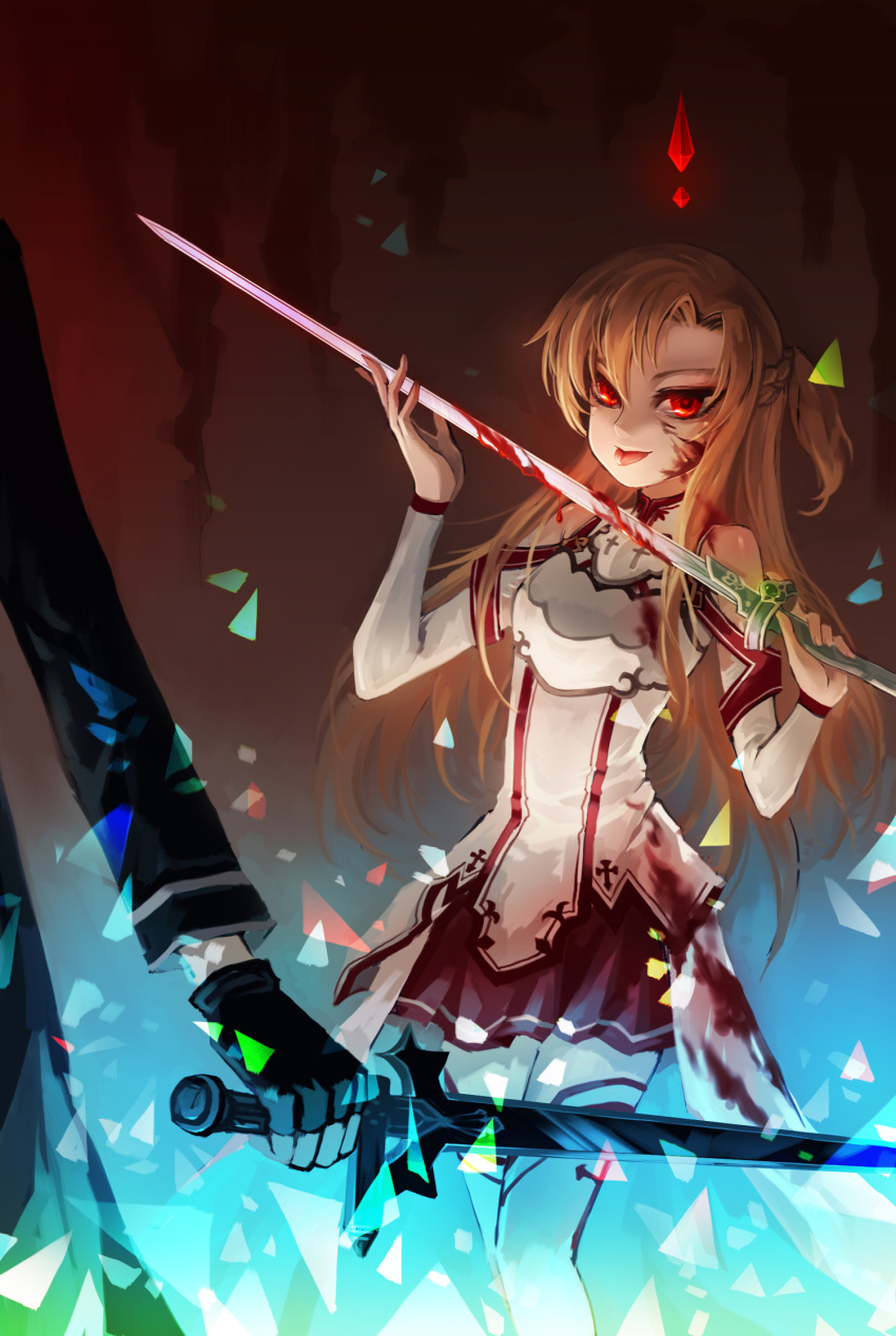 bare_shoulders blood breastplate brown_hair detached_sleeves elbow_gloves gloves highres huazha01 kirito long_hair red_eyes skirt sword sword_art_online thigh-highs thighhighs tongue weapon white_legwear