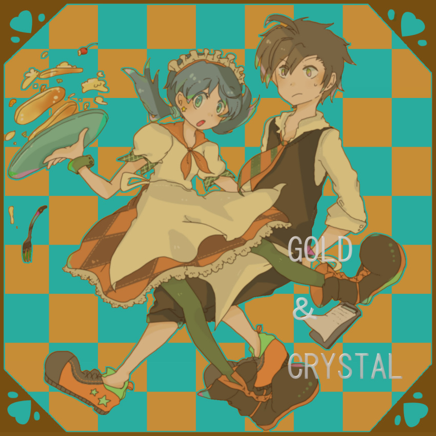 1boy 1girl alternate_costume apron bangs black_hair blue_eyes blue_hair boots character_name checkered checkered_background cherry cream crystal_(pokemon) dress earrings falling food fork fruit gold_(pokemon) heart jewelry maid open_mouth pancake pokemon pokemon_special sakumomi star star_earrings sweatdrop thigh-highs thighhighs twintails yellow_eyes