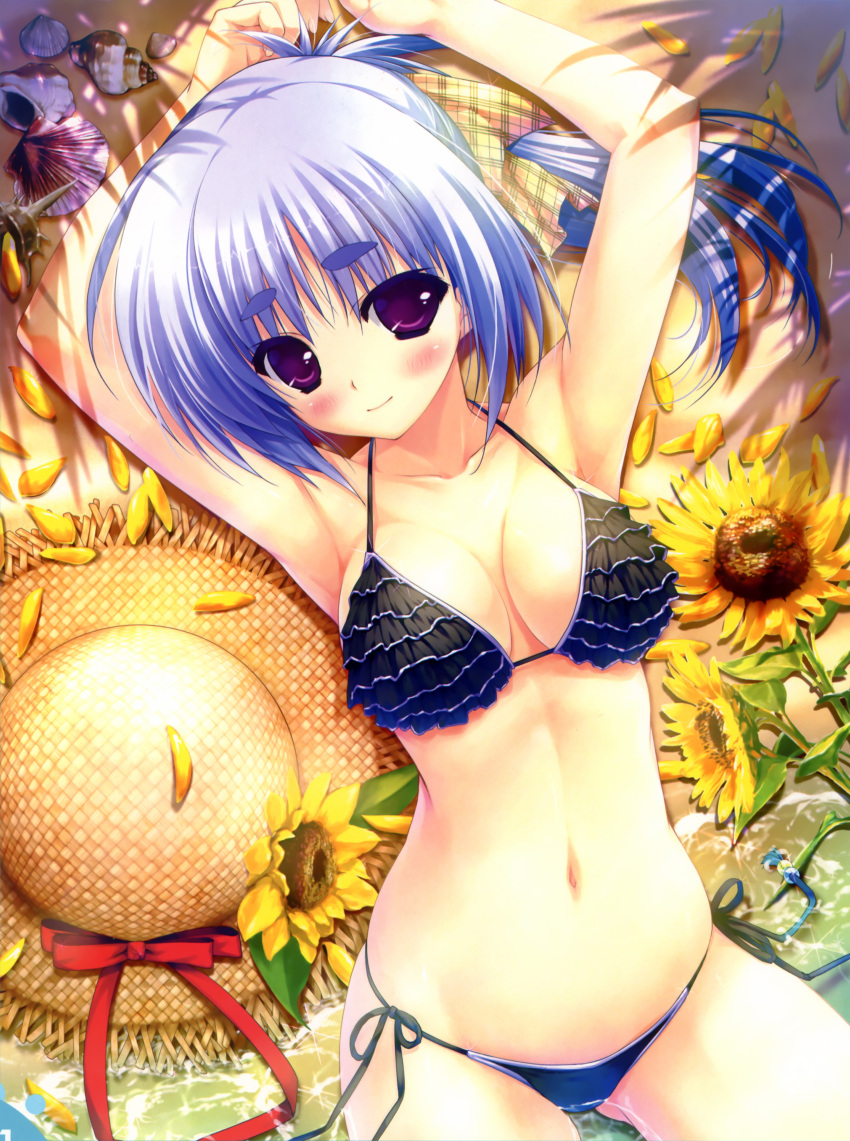 absurdres amatsu_misora_ni! armpits arms_up beach bikini black_bikini blue_hair blush breasts cleavage collarbone cropped eyebrows flower frilled_bikini frills halterneck hat highres long_hair lying navel on_back otonashi_kaho partially_submerged petals plaid ponytail purple_eyes scan shell shintarou side-tie_bikini smile solo string_bikini sun_hat sunflower swimsuit thick_eyebrows violet_eyes water