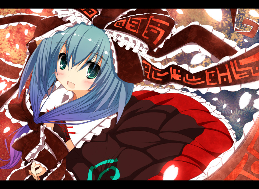 alternate_hair_color aqua_eyes arm_ribbon blue_hair blush bow dress frills front_ponytail gradient_hair hair_bow hair_ornament hair_ribbon hands_together kagiyama_hina letterboxed long_hair looking_at_viewer multicolored_hair open_mouth red_dress ribbon smile solo sukage touhou