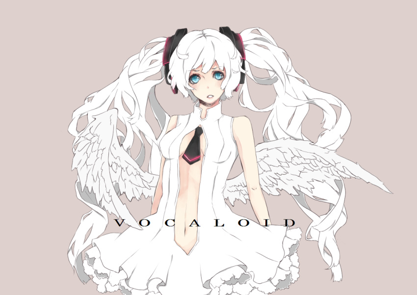 aqua_eyes center_opening dress hatsune_miku hatsune_miku_(append) long_hair looking_at_viewer miku_append misa1007 necktie solo twintails very_long_hair vocaloid vocaloid_append white_hair wings