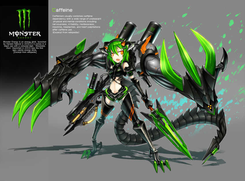 armor caffeine claws gia green_hair grey_background gun mecha_musume monster_energy open_mouth orange_eyes original personification short_hair solo sword tail weapon