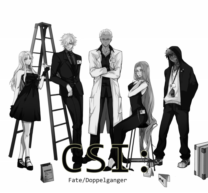 3boys archer archer_(fate/extra) avenger caren_hortensia caren_ortensia crimo csi dress fate/extra fate/hollow_ataraxia fate/stay_night fate_(series) formal glasses greyscale hair_over_one_eye hoodie labcoat long_hair monochrome multiple_boys multiple_girls necktie parody rider suit