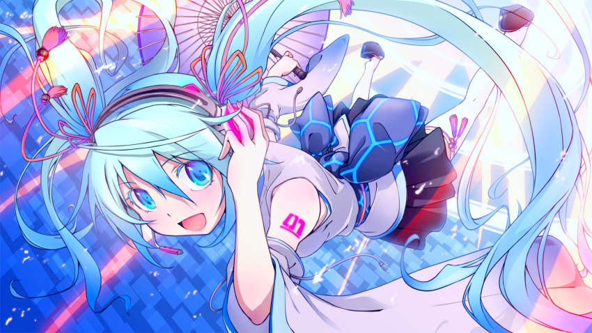 :d aqua_eyes aqua_hair blue_eyes bow detached_sleeves duplicate foreshortening from_above green hatsune_miku headphones headset highres japanese_clothes long_hair microphone miku obi open_mouth possible_duplicate sakura_(artist) skirt smile solo thigh-highs thighhighs twintails umbrella very_long_hair vocaloid