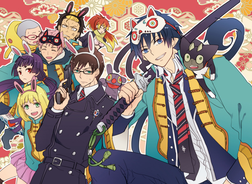 ao_no_exorcist glasses japanese_clothes kamiki_izumo kirigakure_shura kome_kako kuro_(ao_no_exorcist) mask miwa_konekomaru moriyama_shiemi multicolored_hair okumura_rin okumura_yukio over_shoulder pointy_ears school_uniform shima_renzou short_hair sleeves_rolled_up suguro_ryuuji sword twintails two-tone_hair veins weapon