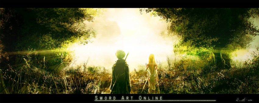 black_hair kirigaya_kazuto landscape renevatia scenic sword sword_art_online tree weapon yuuki_asuna