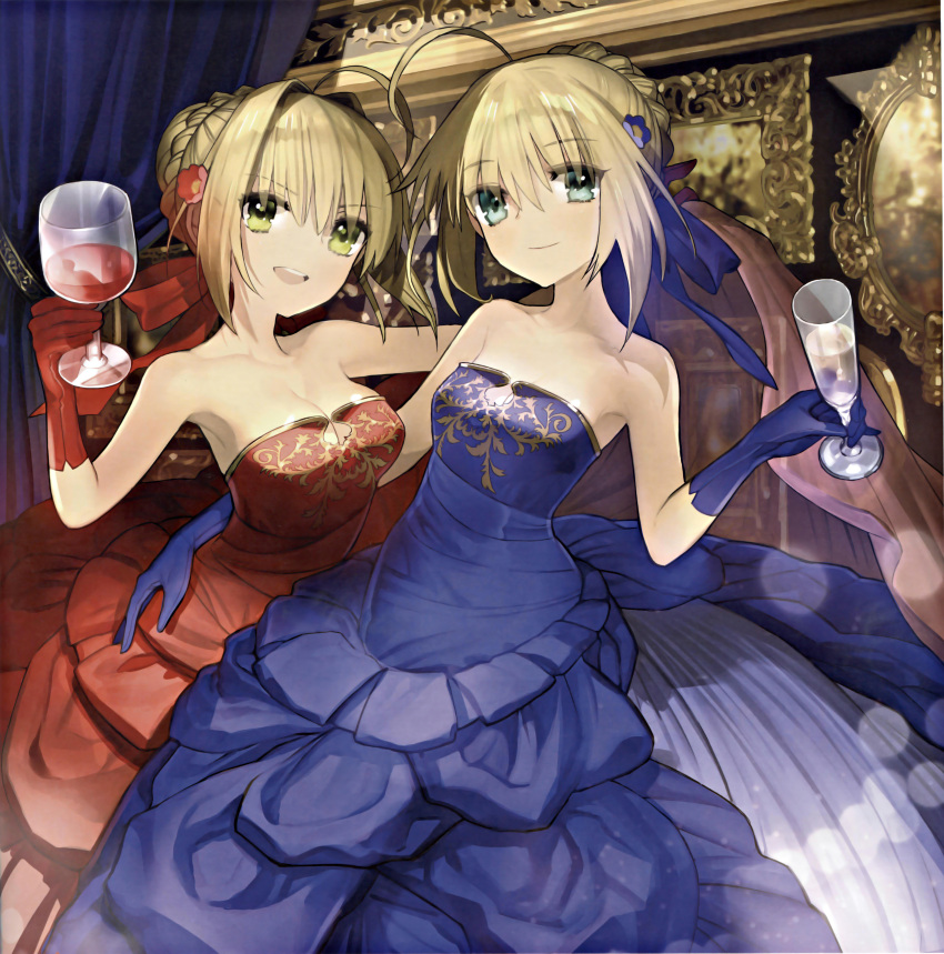 :d absurdres ahoge bare_shoulders blonde_hair blue_dress blue_eyes blue_gloves breasts cleavage cup dress fate/extra fate/stay_night fate_(series) flower gloves green_eyes hair_flower hair_ornament hair_ribbon highres large_breasts multiple_girls open_mouth red_dress red_gloves ribbon saber saber_extra scan short_hair smile strapless_dress type-moon wada_aruko wine_glass