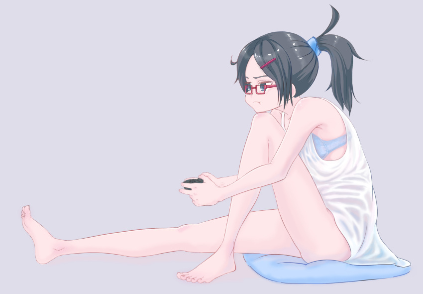 absurdres angry artist_request bare_legs barefoot black_hair bra controller dress feet glasses grey_eyes hair_ornament hairclip highres no_panties original pillow playstation_controller ponytail puffy_cheeks see-through sitting tied_hair underwear video_game