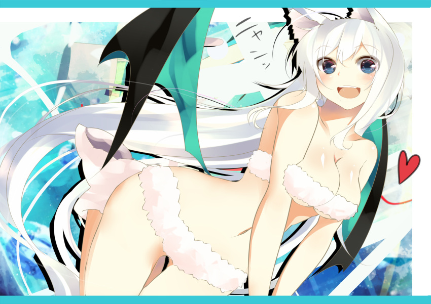 animal_ears bikini blue_eyes blush boots breasts cat_ears cleavage demon_wings heart highres long_hair looking_at_viewer nmaaaaa open_mouth original silver_hair smile solo swimsuit white_hair wings