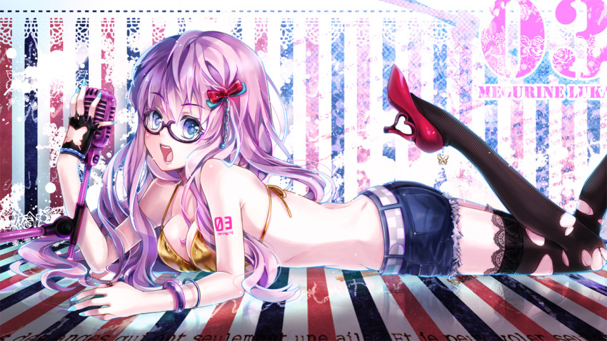 bespectacled bikini_top blue_eyes bow bracelet denim denim_shorts earrings fingerless_gloves glasses gloves hair_bow high_heels jewelry long_hair looking_at_viewer megurine_luka microphone momoko_(momoko14) nail_polish open_mouth pink_hair shoes short_shorts shorts smile solo thigh-highs thighhighs torn_clothes vintage_microphone vocaloid