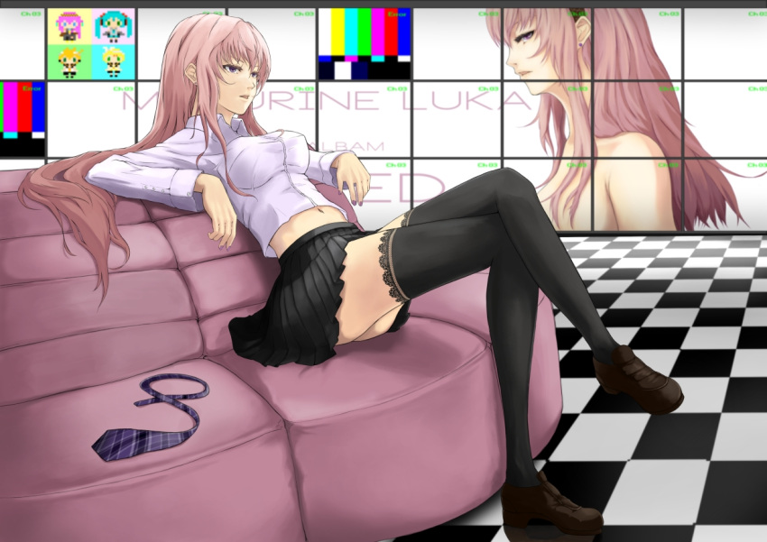 black_legwear breasts character_name checkered checkered_floor couch crossed_legs din47060702 din_(raiden) impossible_clothes impossible_shirt long_hair megurine_luka nail_polish navel necktie necktie_removed open_mouth pink_hair plaid plaid_necktie shirt shoes sitting skirt solo thigh-highs thighhighs vocaloid white_shirt zettai_ryouiki
