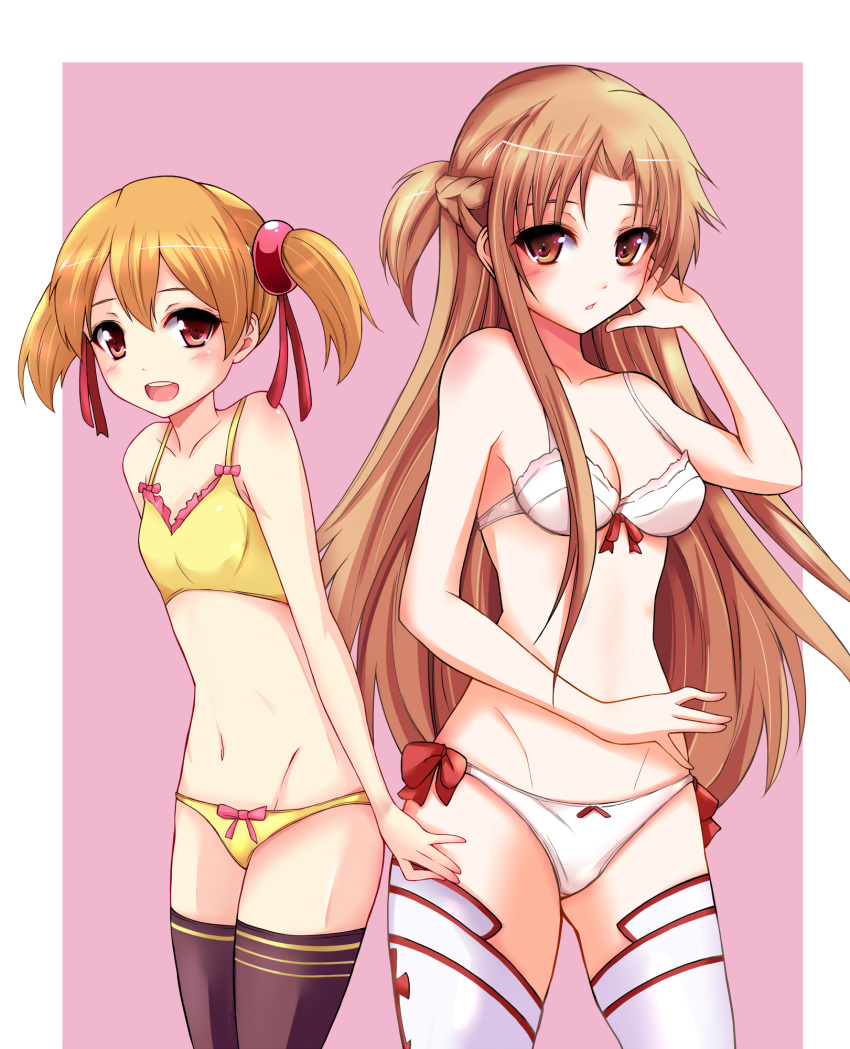 asuna_(sao) blonde_hair bow bow_bra bow_panties bra breasts brown_eyes brown_hair highres long_hair multiple_girls navel panties pink_background red_eyes short_hair short_twintails silica sword_art_online taka-kun thigh-highs thighhighs twintails underwear underwear_only white_bra white_panties yellow_bra yellow_panties