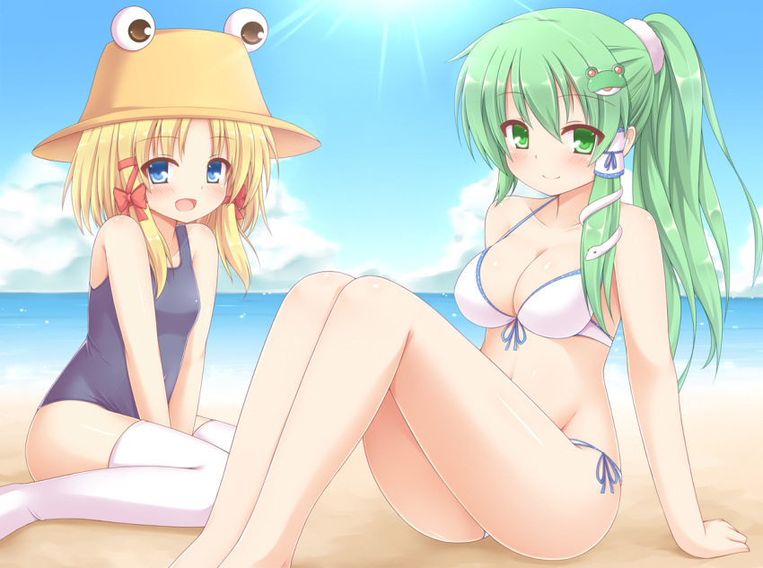 beach bikini cleavage green_hair hat kochiya_sanae moriya_suwako swimsuit thigh-highs touhou yuu_(yu0221f)