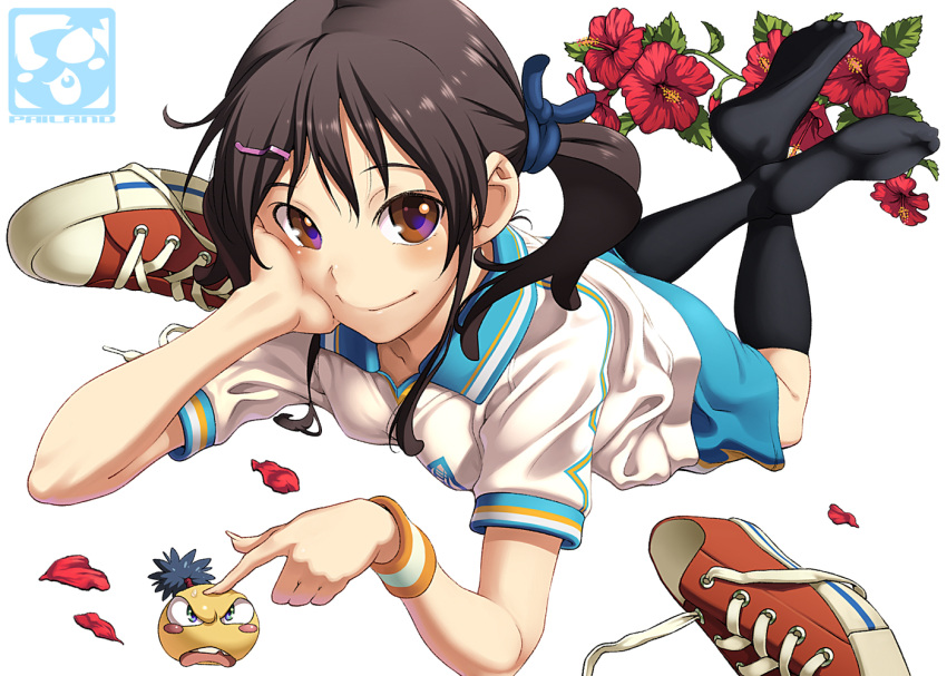 angry aoi_sora_(pairan) arm_support black_legwear blush blush_stickers brown_eyes brown_hair feet flower frown gym_shorts gym_uniform hair_ornament hairclip hand_on_own_face head_rest hibiscus looking_at_viewer lying on_stomach original pairan petals shoes shoes_removed shorts side_ponytail smile sneakers solo sweatband twintails wristband