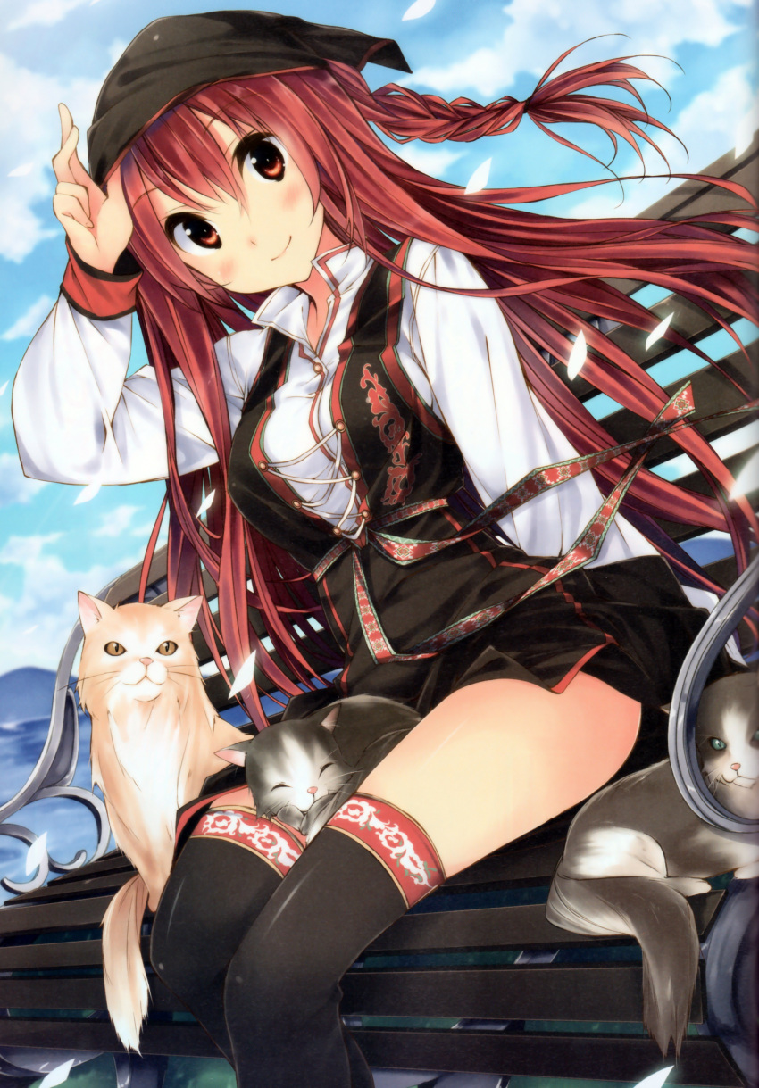 absurdres bench black_legwear blue_sky braid cat cloud clouds dengeki_moeou dutch_angle highres kuwashima_rein long_hair petals red_eyes red_hair redhead scan sitting skirt sky smile solo thigh-highs thighhighs wind