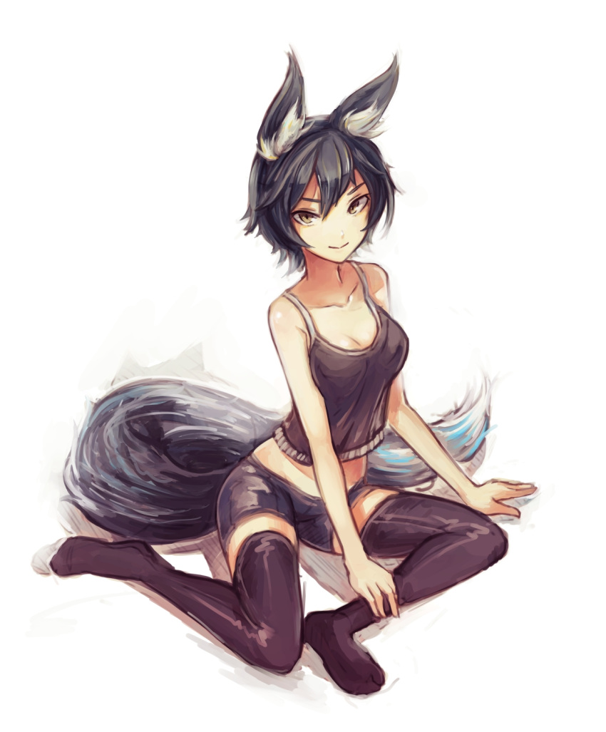 animal_ears black_hair black_legwear breasts camisole cleavage clothing doomfest female fox_ears fox_tail hair highres looking_at_viewer nanashi_(shirogane_usagi) original short_hair shorts simple_background sitting sketch smile solo tail thigh-highs thigh_highs thighhighs yellow_eyes