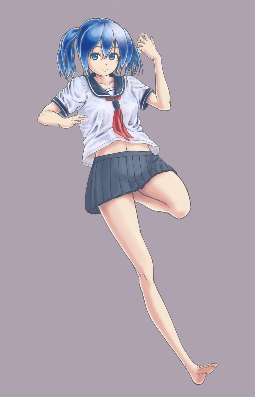 absurdres artist_request bare_legs barefoot blue_eyes blue_hair character_request copyright_request feet highres navel sailor school_uniform serafuku short_twintails skirt smile solo tied_hair twintails