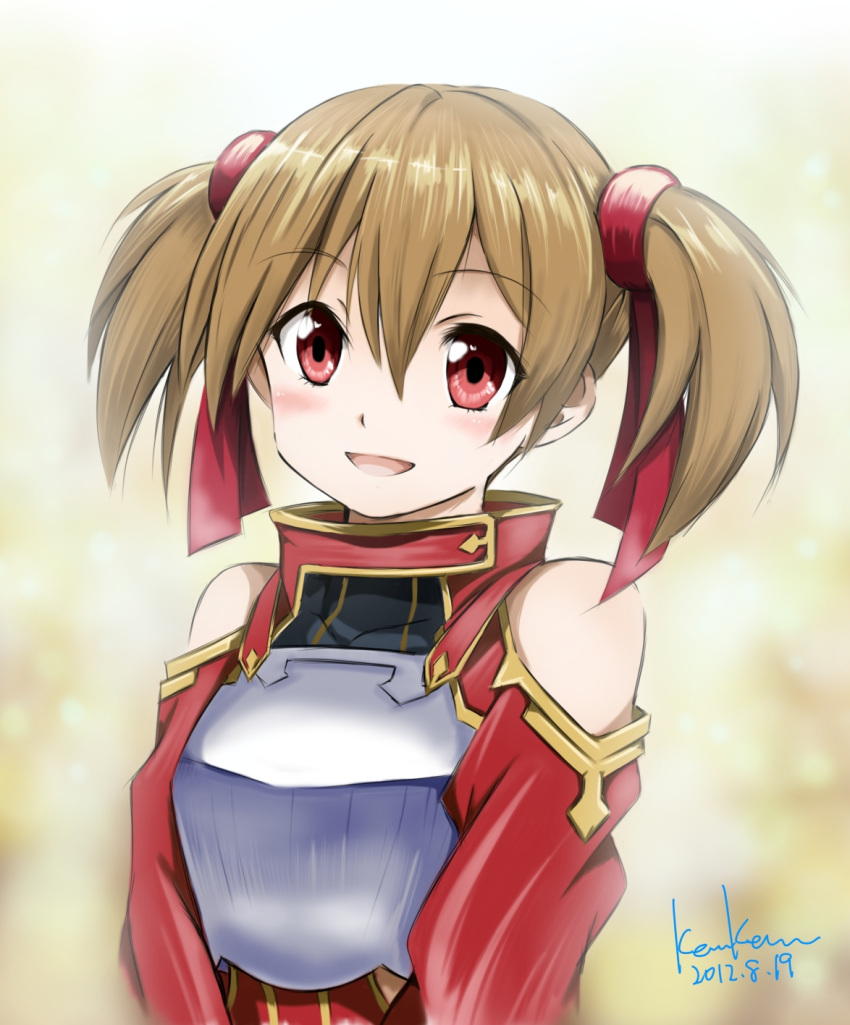 :d artist_name blush breastplate brown_hair hair_ribbon highres kem_kem open_mouth red_eyes ribbon short_twintails silica smile solo sword_art_online twintails