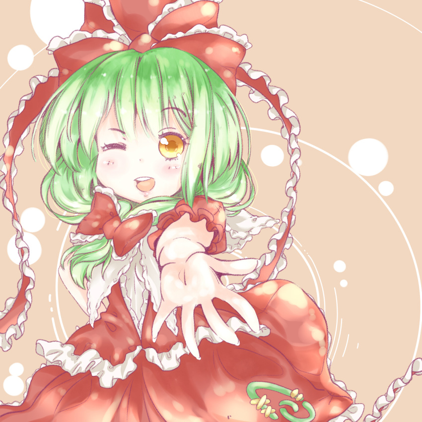 alternate_eye_color blush bow cusozee front_ponytail green_hair hair_bow hair_ornament hair_ribbon hands highres kagiyama_hina long_hair looking_at_viewer open_mouth outstretched_arm reaching ribbon smile solo touhou wink yellow_eyes