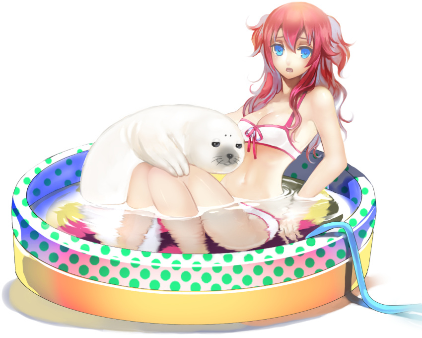 bare_shoulders bikini blue_eyes breasts cleavage highres hose long_hair navel nicole open_mouth original partially_submerged red_hair redhead seal sitting solo swimsuit two_side_up wading_pool white_bikini