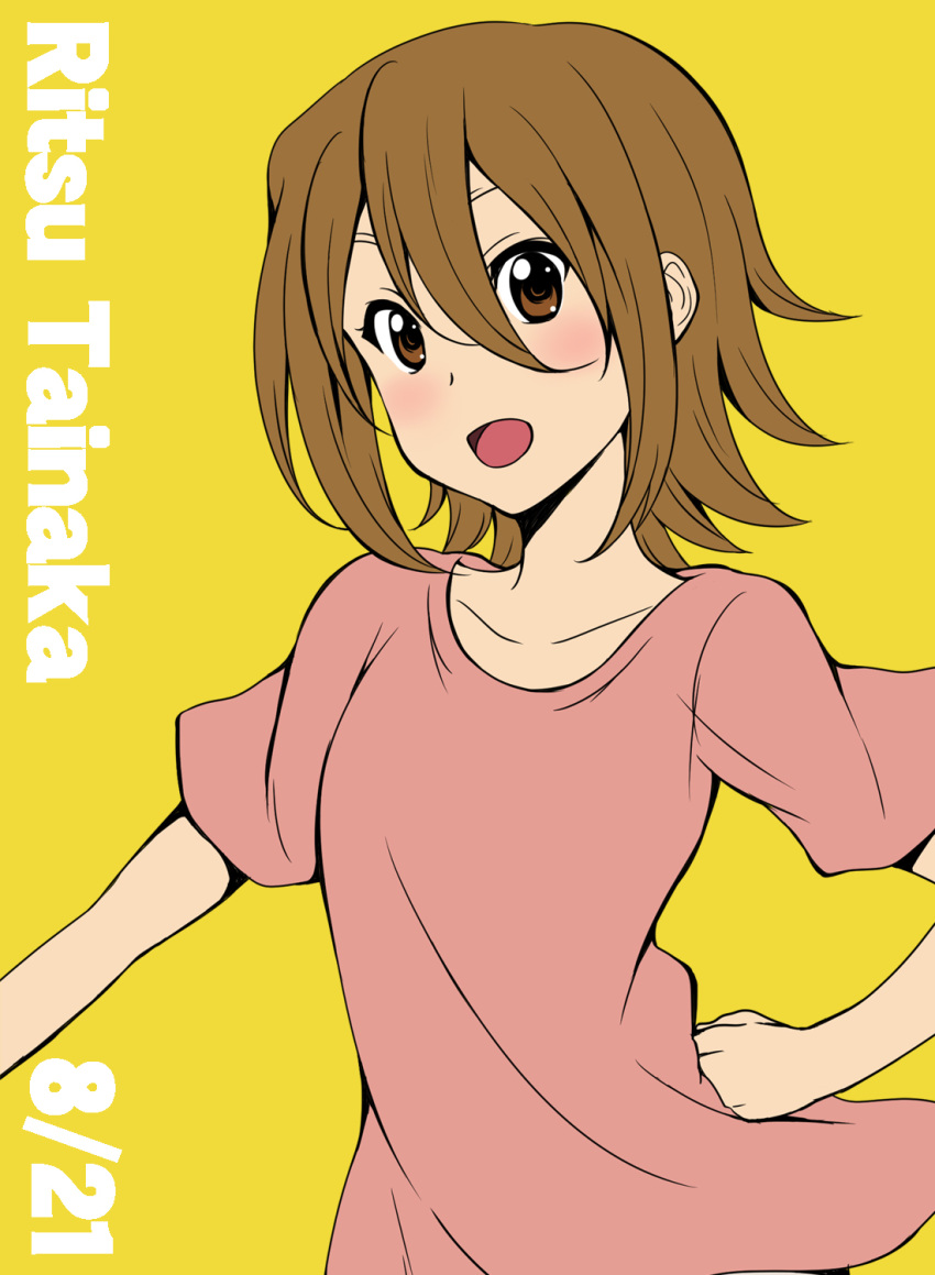 alternate_hairstyle brown_eyes brown_hair character_name hair_down highres ikari_manatsu k-on! short_hair t-shirt tainaka_ritsu