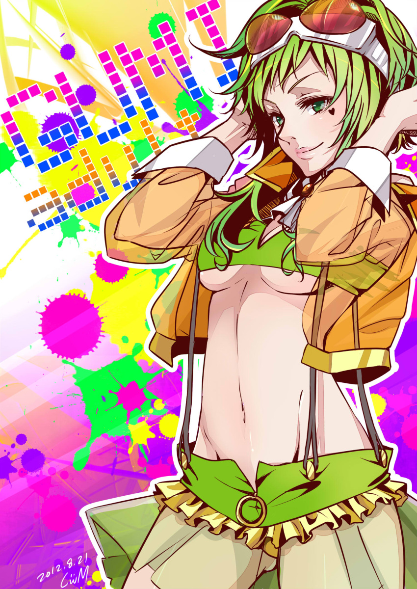 adult breasts character_name dated goggles goggles_on_head green_eyes green_hair gumi heart highres masami_chie mound_of_venus outline short_hair signature smile solo suspenders under_boob underboob vocaloid
