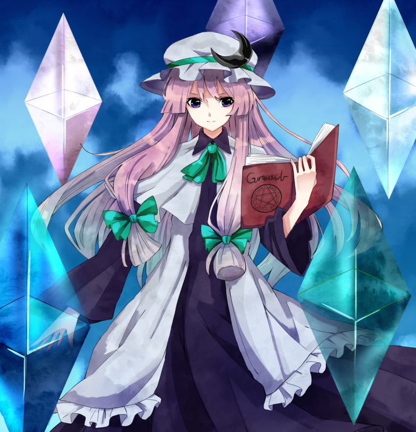 alternate_costume blue_eyes blush book bow crescent crystal dress hair_bow hat highres long_hair long_sleeves ozone_(delta_minus_1) patchouli_knowledge philosopher's_stone philosopher's_stone purple_hair smile solo touhou