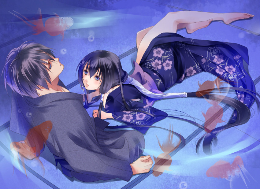 animal barefoot blue_eyes fish japanese_clothes kimono long_hair papillon10