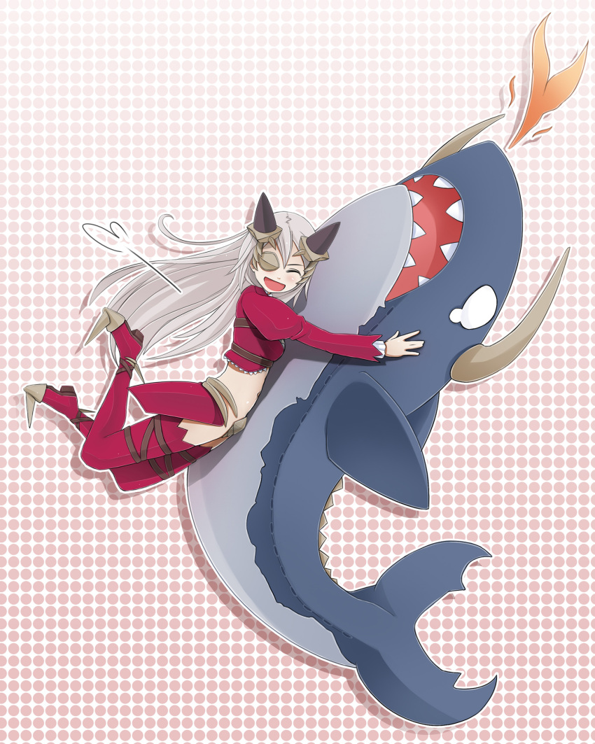 ^_^ aldora blush boots closed_eyes eyepatch eyes_closed faulds happy highres horns hug long_hair midriff polka_dot polka_dot_background queen's_blade queen's_blade_rebellion queen's_blade queen's_blade_rebellion red_legwear shark sharkbro silver_hair solo stuffed_animal stuffed_toy thigh-highs thigh_boots thighhighs what