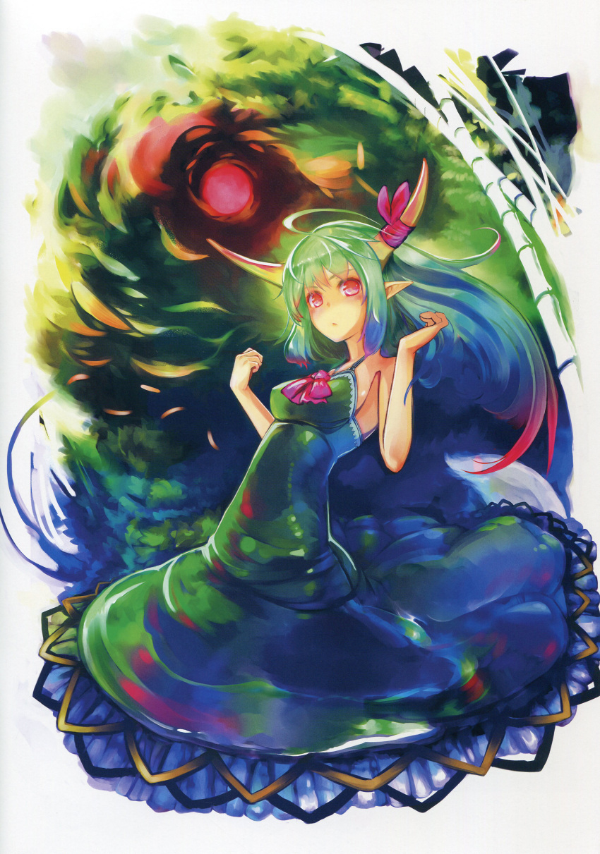 absurdres bamboo blush breasts colorful dress ex-keine gradient_hair green_hair highres horn_ribbon horns kamishirasawa_keine long_hair multicolored_hair red_eyes ribbon scan sideboob sleeveless sleeveless_dress solo touhou virus_(obsession)