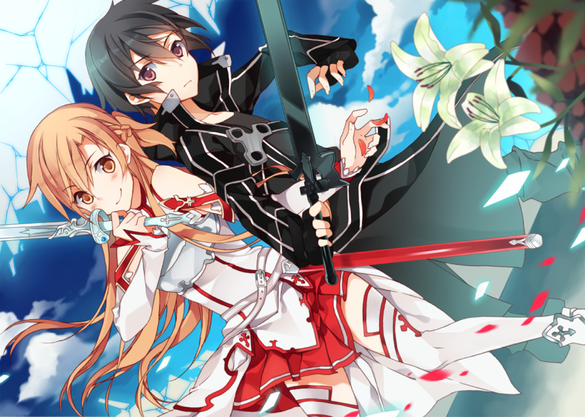 1girl armor asuna_(sao) black_hair brown_eyes brown_hair clouds flower flowers kirigaya_kazuto kirito kuragari long_hair motyo1964 petals purple_eyes short_hair skirt sky smile sword sword_art_online thighhighs weapon white_legwear yuuki_asuna