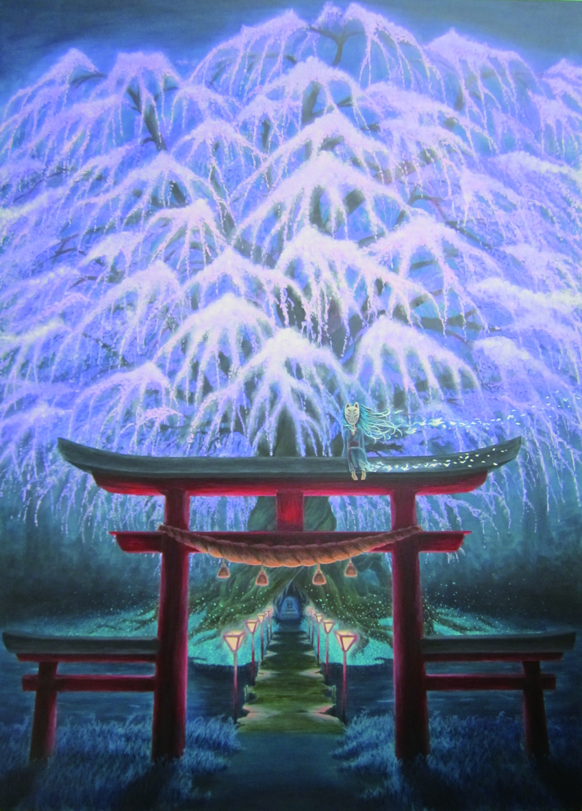blue_hair bridge cherry_blossoms fox_mask grass highres hirotaka long_hair mask miwa_torii original shimenawa solo torii traditional_media tree watercolor_(medium)