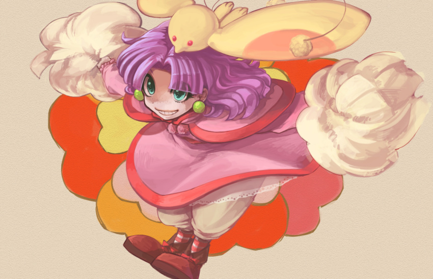 bloomers creature dress freckles grandia grandia_i green_eyes grin nouko_(ina39) pink_dress pom_poms puffy purple_hair sepia_background shoes short_hair smile sue