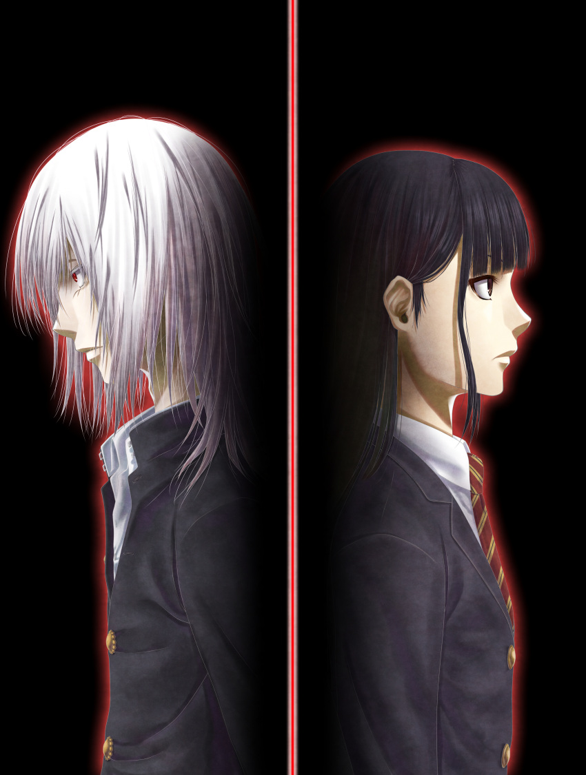 1girl absurdres aura back-to-back bangs black_background black_hair blunt_bangs brown_eyes highres hirotaka long_hair necktie original profile red_eyes school_uniform short_hair silver_hair split_screen