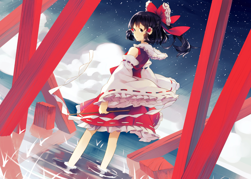 bare_shoulders black_eyes black_hair bow cloud detached_sleeves dutch_angle expressionless feet_in_water frills gohei hair_bow hair_tubes hakurei_reimu holding japanese_clothes long_hair long_sleeves looking_at_viewer looking_back miko night night_sky ponytail sky sleeveless soaking_feet solo standing star_(sky) starry_sky torii touhou wading water weee_(raemz) wide_sleeves wind