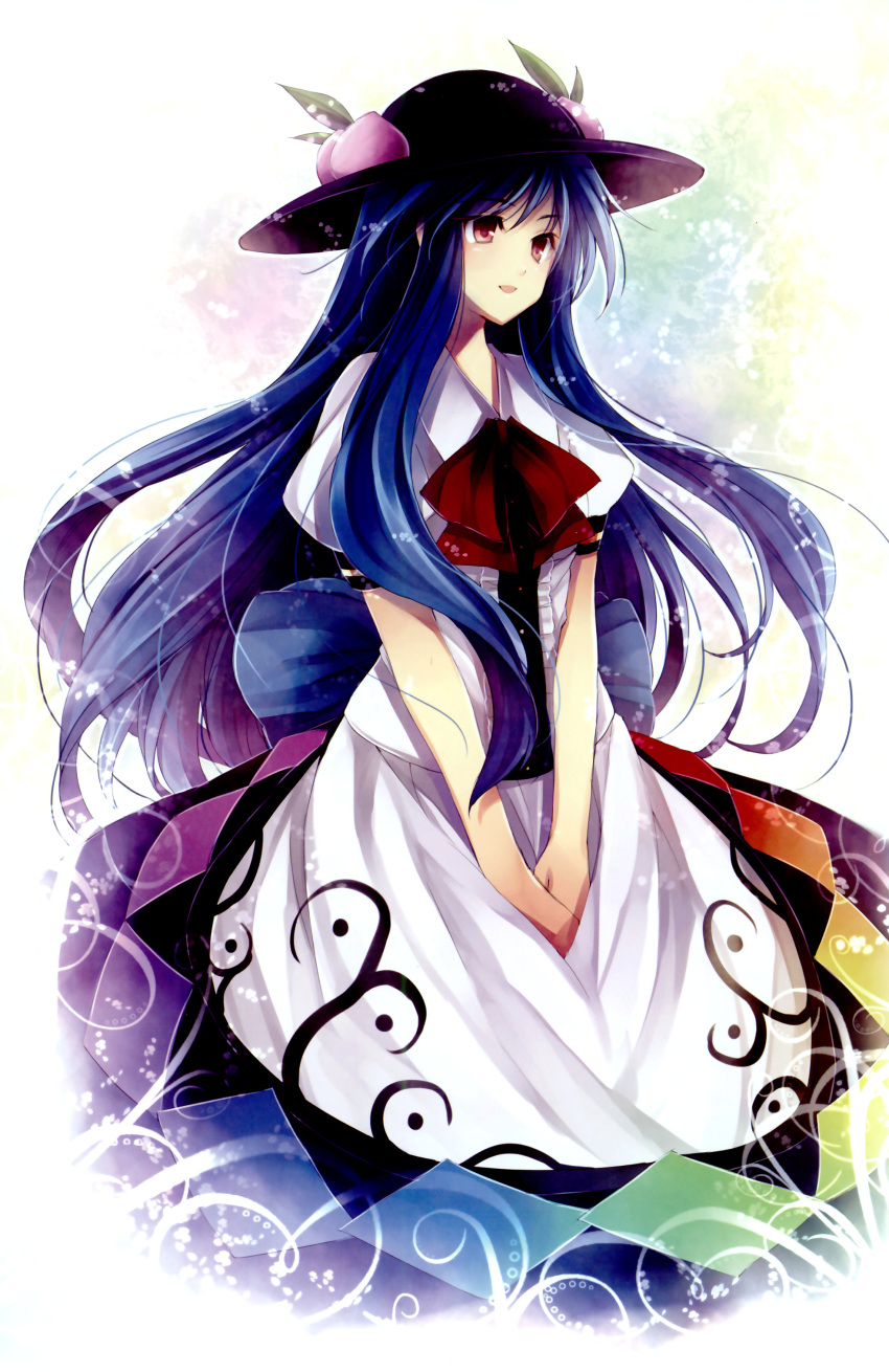 absurdres blue_hair bow food fruit hagiwara_rin hat highres hinanawi_tenshi leaf long_hair long_skirt open_mouth peach puffy_sleeves red_eyes scan short_sleeves skirt solo touhou v_arms very_long_hair