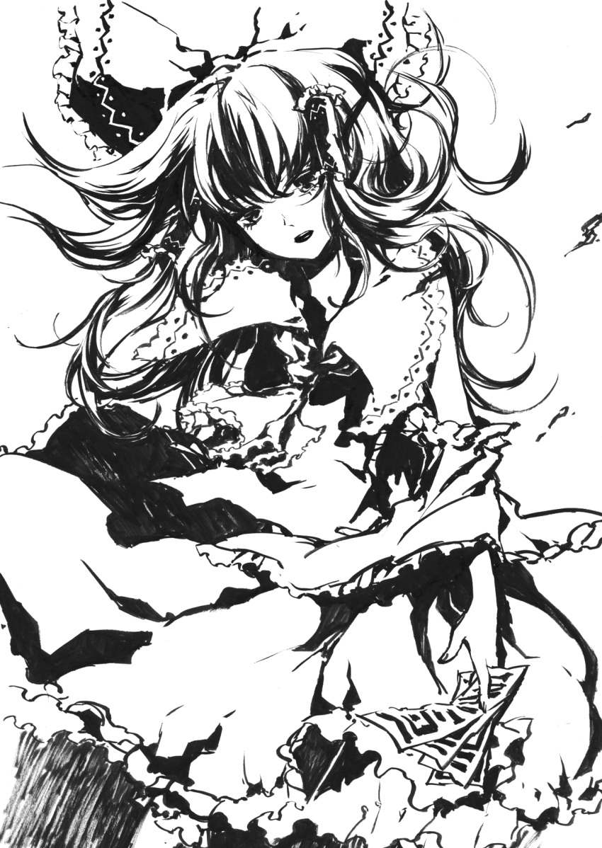 between_fingers bow floating_hair hair_bow hair_tubes hakurei_reimu high_contrast highres long_hair monochrome ofuda open_mouth ritz_(h322) solo touhou traditional_media