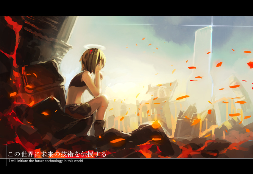 chin_rest creeper embers green_hair halo kitsune_(kazenouta) minecraft personification red_eyes short_hair shorts sitting